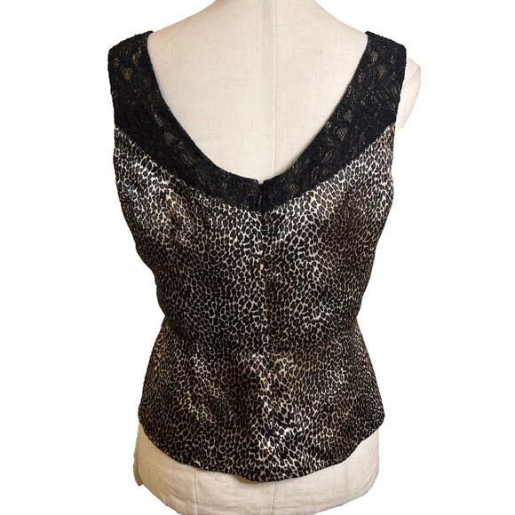 Nine West Leopard and Lace Satin Tank Top Size 10 Zipper Back Retro Fit - Picture 2 of 8